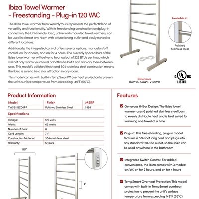 Ibiza Plug-in Towel Warmer Sell Sheet USA (English)