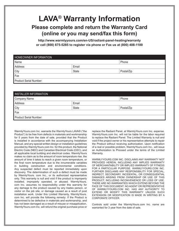 Cover for LEGACY - LAVA® Warranty Form (English)