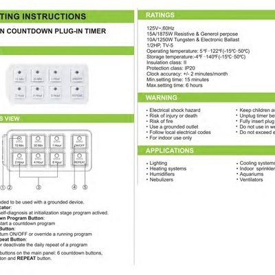 (Legacy) Plug-in 6-Setting Countdown Timer Operating Instructions (English)