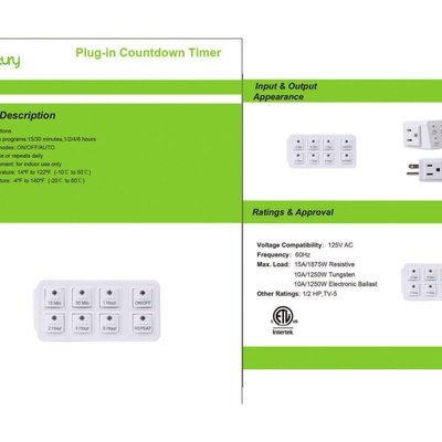 (Legacy) Plug-in 6-Setting Countdown Timer Spec Sheet (English)
