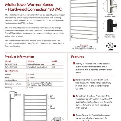 Malta Hardwired Towel Warmer Sell Sheet Canada (English)