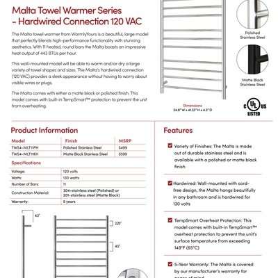 Malta Hardwired Towel Warmer Sell Sheet USA (English)