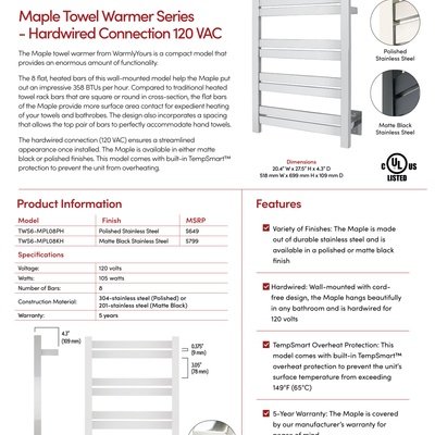 Maple Hardwired Towel Warmer Sell Sheet Canada (English)