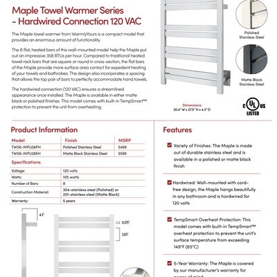 Maple Hardwired Towel Warmer Sell Sheet USA (English)