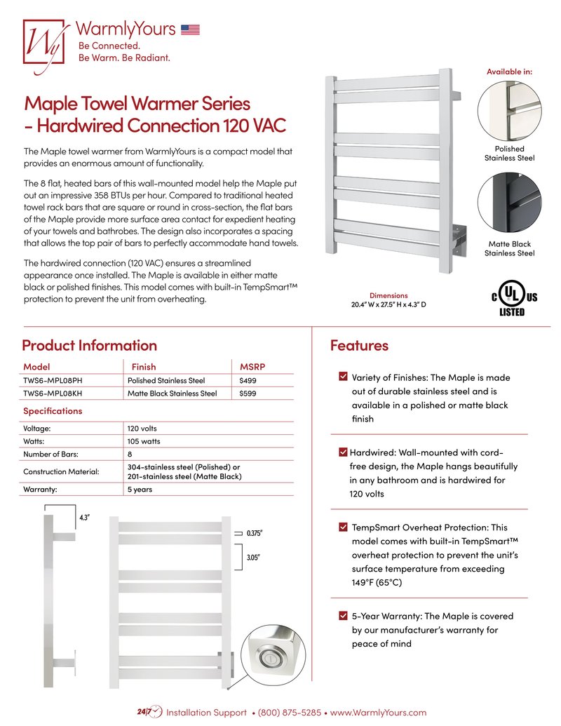 Maple Hardwired Towel Warmer Sell Sheet USA (English)