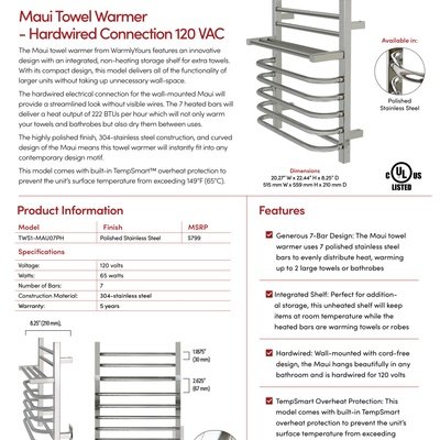 Maui Hardwired Towel Warmer Sell Sheet Canada (English)