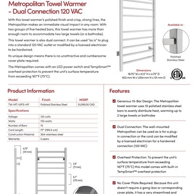 Metropolitan Dual Connection Towel Warmer Sell Sheet Canada (English)