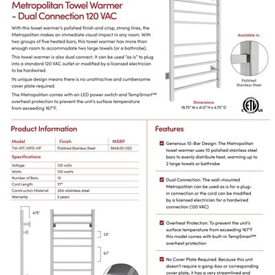 Metropolitan Dual Connection Towel Warmer Sell Sheet USA (English)