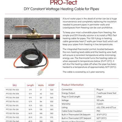 PRO-Tect Constant Wattage Heating Cable for Pipes Sell Sheet USA  (English)