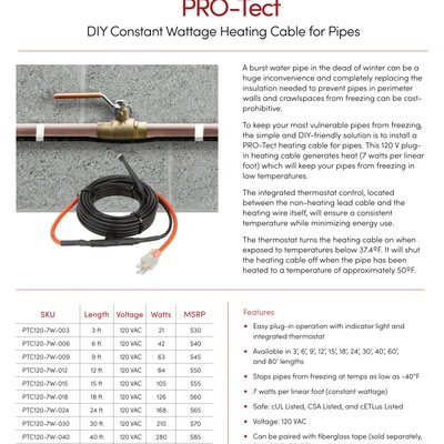 PRO-Tect DIY Constant Wattage Heating Cable for Pipes Sell Sheet USA  (English)