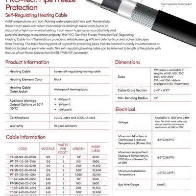 PRO-Tect: Pipe Freeze Protection Self Regulating Cable Sell Sheet USA (English)