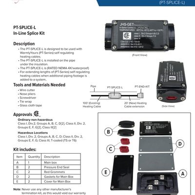 PRO-Tect Pipe Freeze Protection Self-Regulating Heating Cable In-Line Splice Kit Spec Sheet (English)