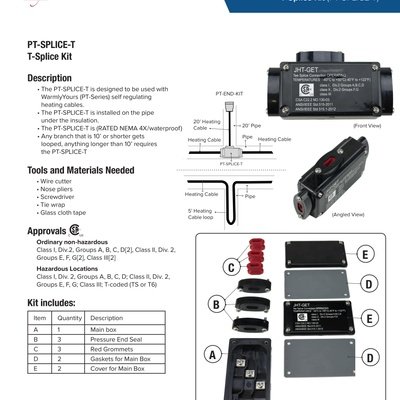 PRO-Tect Pipe Freeze Protection Self-Regulating Heating Cable T-Splice Kit Spec Sheet (English)