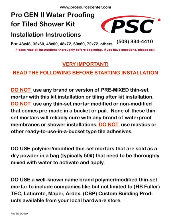 Cover for PSC Shower Waterproofing System Installation Instruction (English)