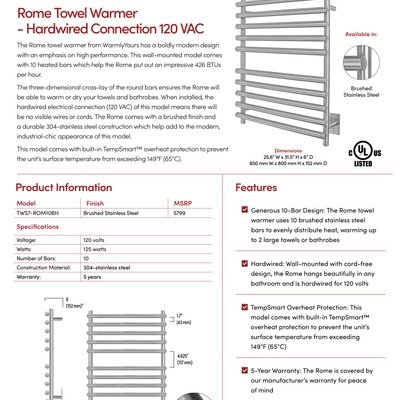 Rome Hardwired Towel Warmer Sell Sheet Canada (English)