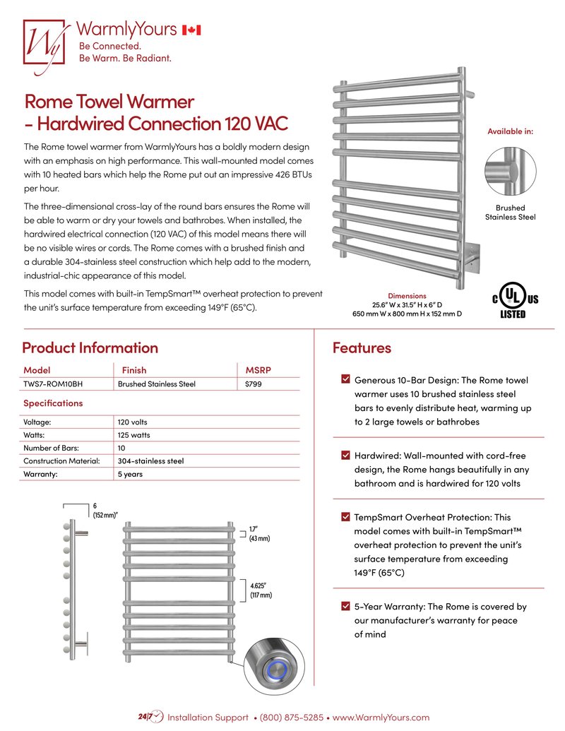 Rome Hardwired Towel Warmer Sell Sheet Canada (English)