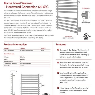 Rome Hardwired Towel Warmer Sell Sheet USA (English)
