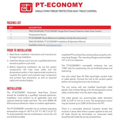 Self-Regulating Pipe Freeze Protection PT-ECONOMY Installation Sheet (English)
