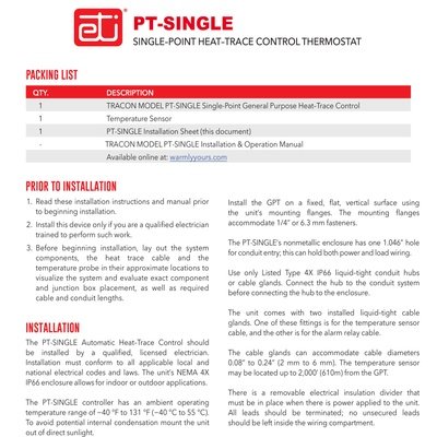 Self-Regulating Pipe Freeze Protection PT-SINGLE Installation Sheet A (English)