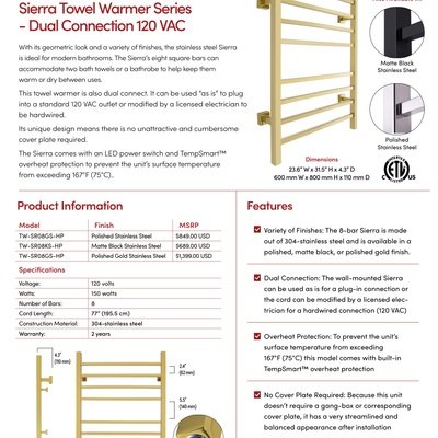 Sierra Dual Connection Towel Warmer Sell Sheet Canada (English)