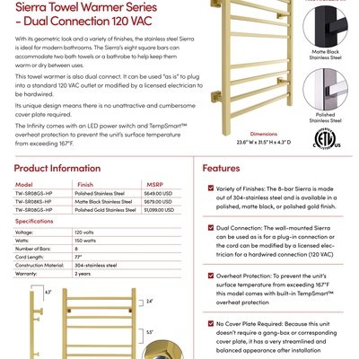 Sierra Dual Connection Towel Warmer Sell Sheet USA (English)