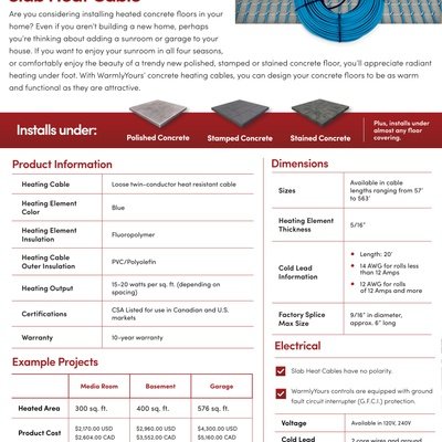 Slab Heating Cable Sell Sheet (English)