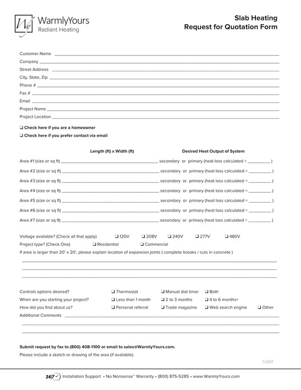 Cover for Slab Heating Request Quote Form (English)