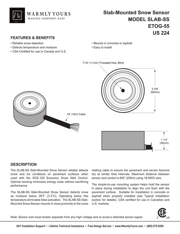 Cover for Snow Melting Slab Sensor SLAB-SS (ETOG-55) Specifications (English)