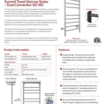 Summit Towel Warmer Sell Sheet CANADA (English)