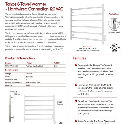 Tahoe 6 Hardwired Towel Warmer Sell Sheet Canada (English)