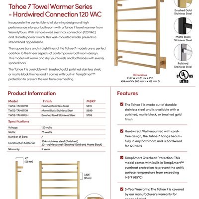 Tahoe 7 Hardwired Towel Warmer Sell Sheet Canada (English)