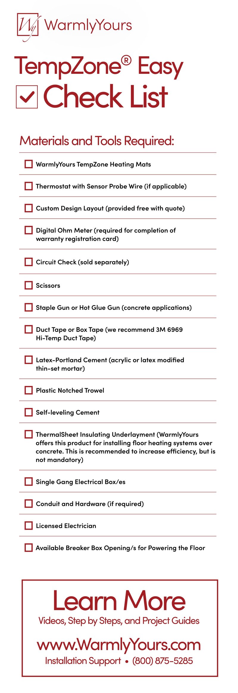 TempZone Easy Mat Materials And Tools Checklist (English)