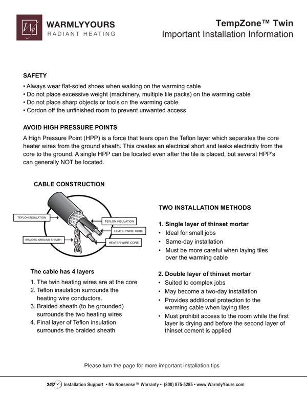 Cover for TempZone™ Flex Roll (Twin Conductor) Important Installation Information Summary (English)