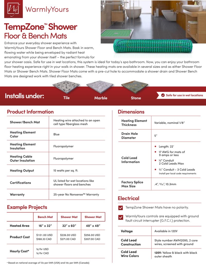 TempZone Shower Floor And Shower Bench Mats Sell Sheet (English)
