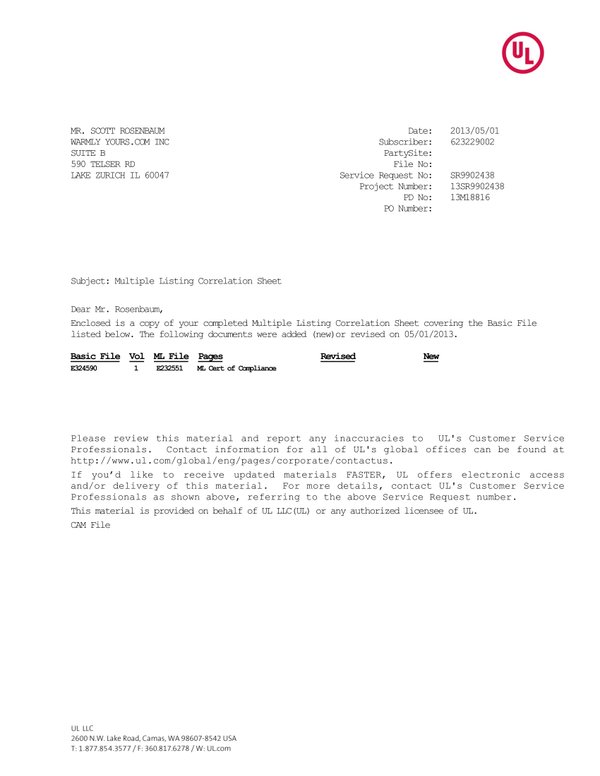 Cover for TempZone Twin UL Certificate Of Compliance (English)
