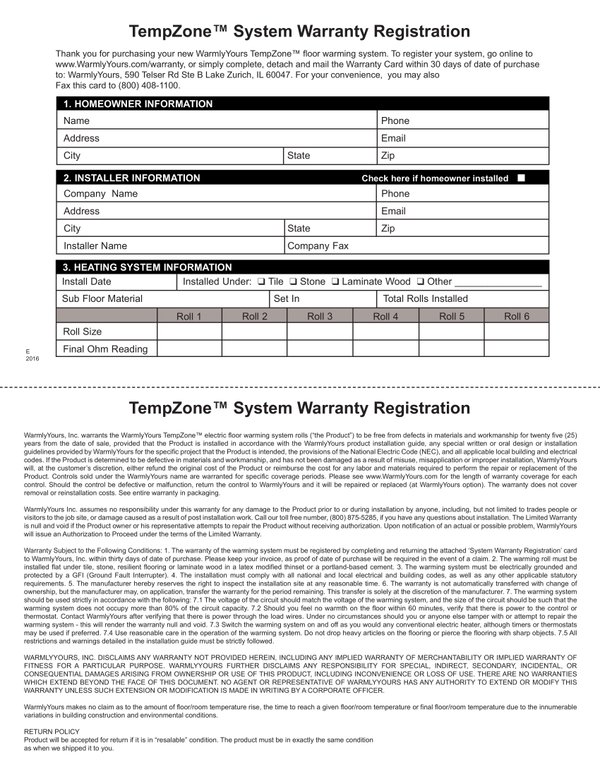 Cover for TempZone™ Warranty Card (English)