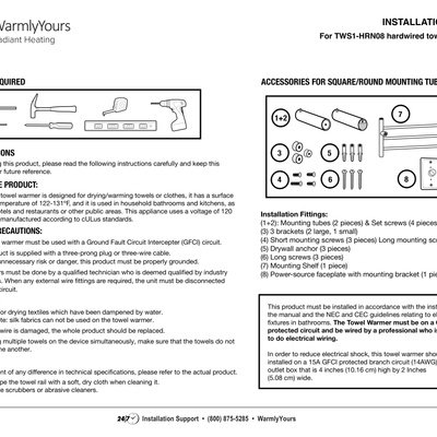 Towel Warmer Hardwired Series TWS1 Huron Installation Manual (English)
