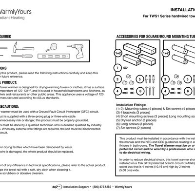 Towel Warmer Hardwired Series TWS1 Maui, Vancouver Installation Manual (English)