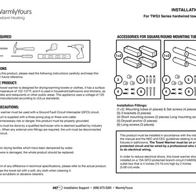 Towel Warmer Hardwired Series TWS3 Vida, Bellagio Installation Manual (English)