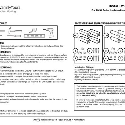 Towel Warmer Hardwired Series TWS4 Malta, Ontario Installation Manual (English)