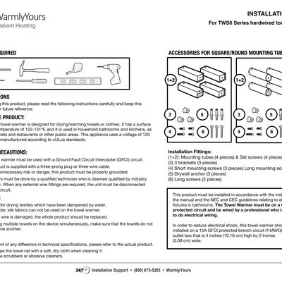 Towel Warmer Hardwired Series TWS6 Grande, Maple, Milan Installation Manual (English)