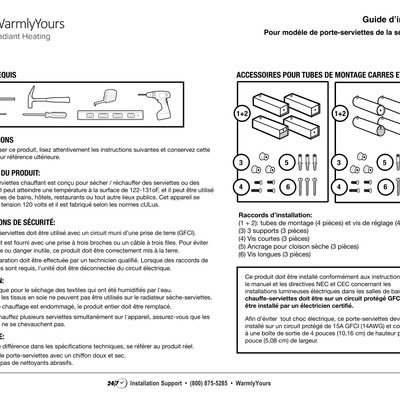Towel Warmer Hardwired Series TWS6 Grande, Maple, Milan Installation Manual (French)