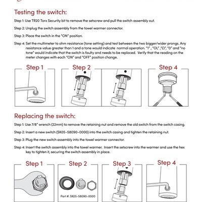 Towel Warmer Switch Testing and Replacing Instructions for Dual-Connect Models (English)