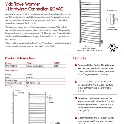 Vida Hardwired Towel Warmer Sell Sheet Canada (English)
