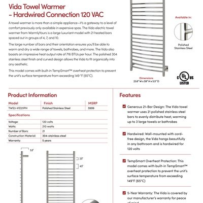 Vida Hardwired Towel Warmer Sell Sheet USA (English)