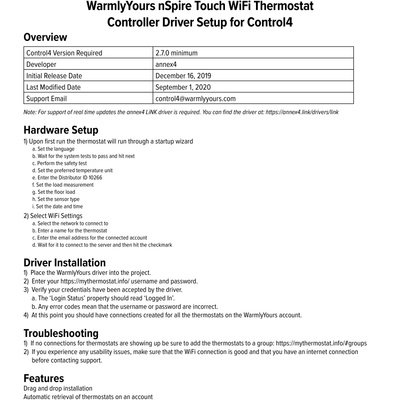 WarmlyYours nSpire Touch WiFi Thermostat Controller Driver Setup For Control4 (English)