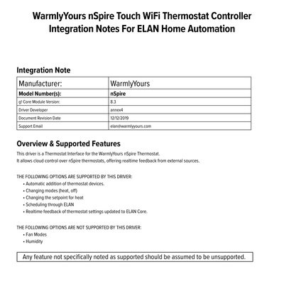 WarmlyYours nSpire Touch WiFi Thermostat Controller Integration Notes For Elan Home Automation (English)