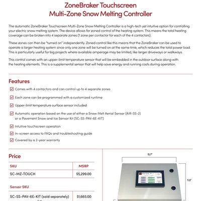 ZoneBraker Touchscreen Multi-Zone Snow Melting Controller Sell Sheet (English)