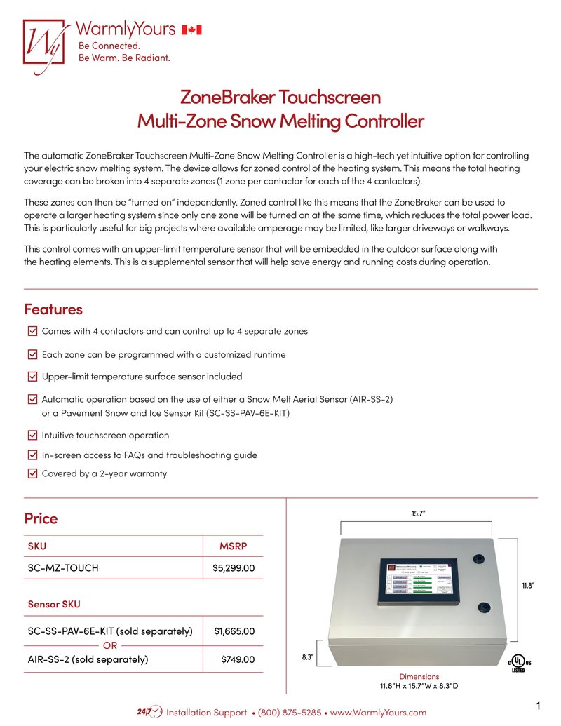 ZoneBraker Touchscreen Multi-Zone Snow Melting Controller Sell Sheet (English)