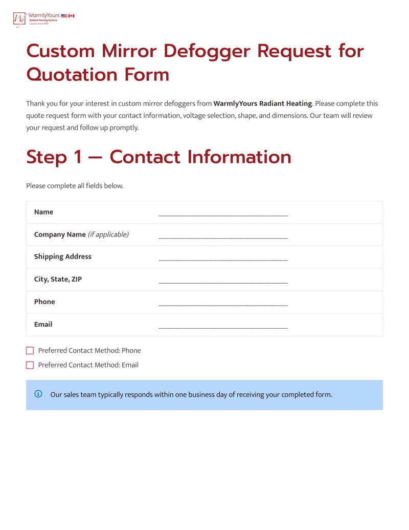 Custom Mirror Defogger Request For Quote (RFQ) Form (English)